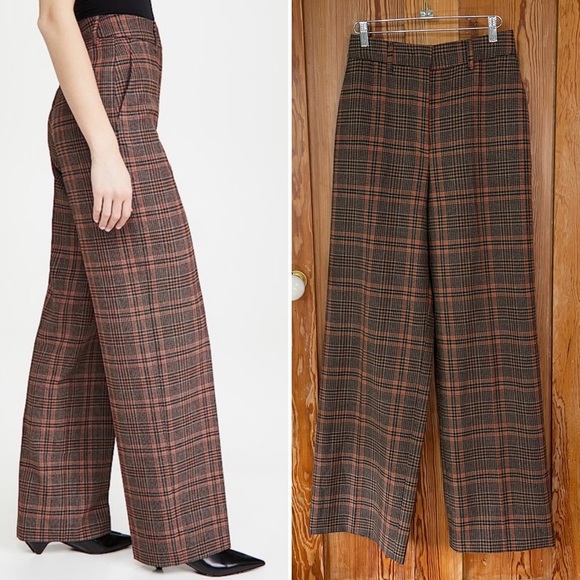 Essential Antwerp Plaid Wide Leg Trousers Brown Rust High Rise  - Size 4 - Picture 1 of 14